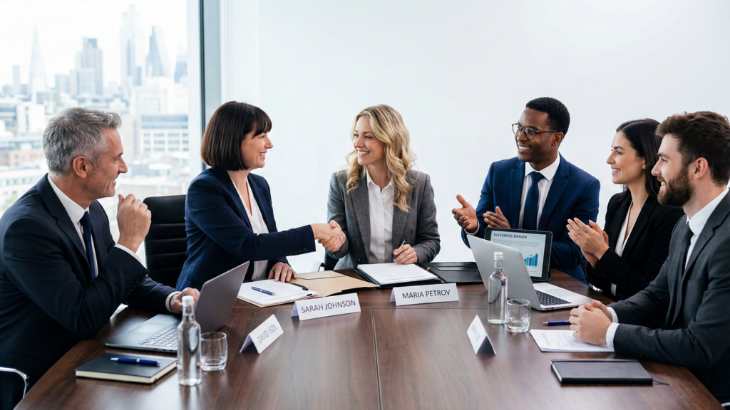 meeting, conference, business, office, team, collaboration, agreement, handshake, partnership, corporate, professional, discussion, presentation, chart, graph, laptop, notebook, documents, strategy, negotiation, success, leadership, workplace, formal, ai generated